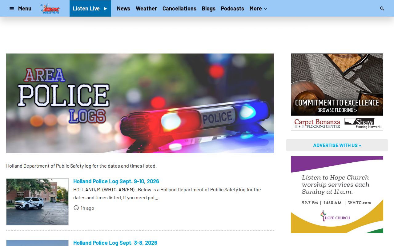 Captured WHTC area police logs page for Holland