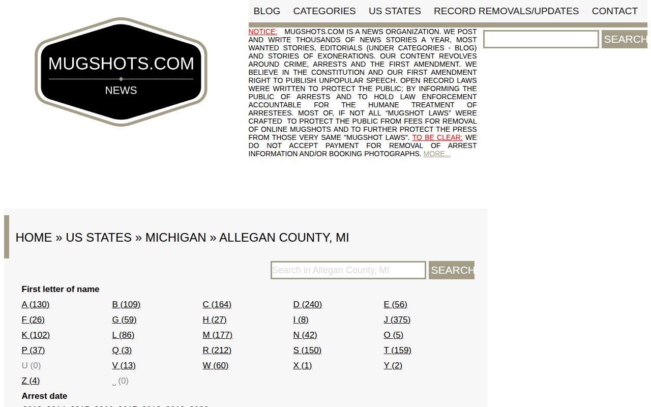 Allegan County historical arrest archive interface from an unofficial source